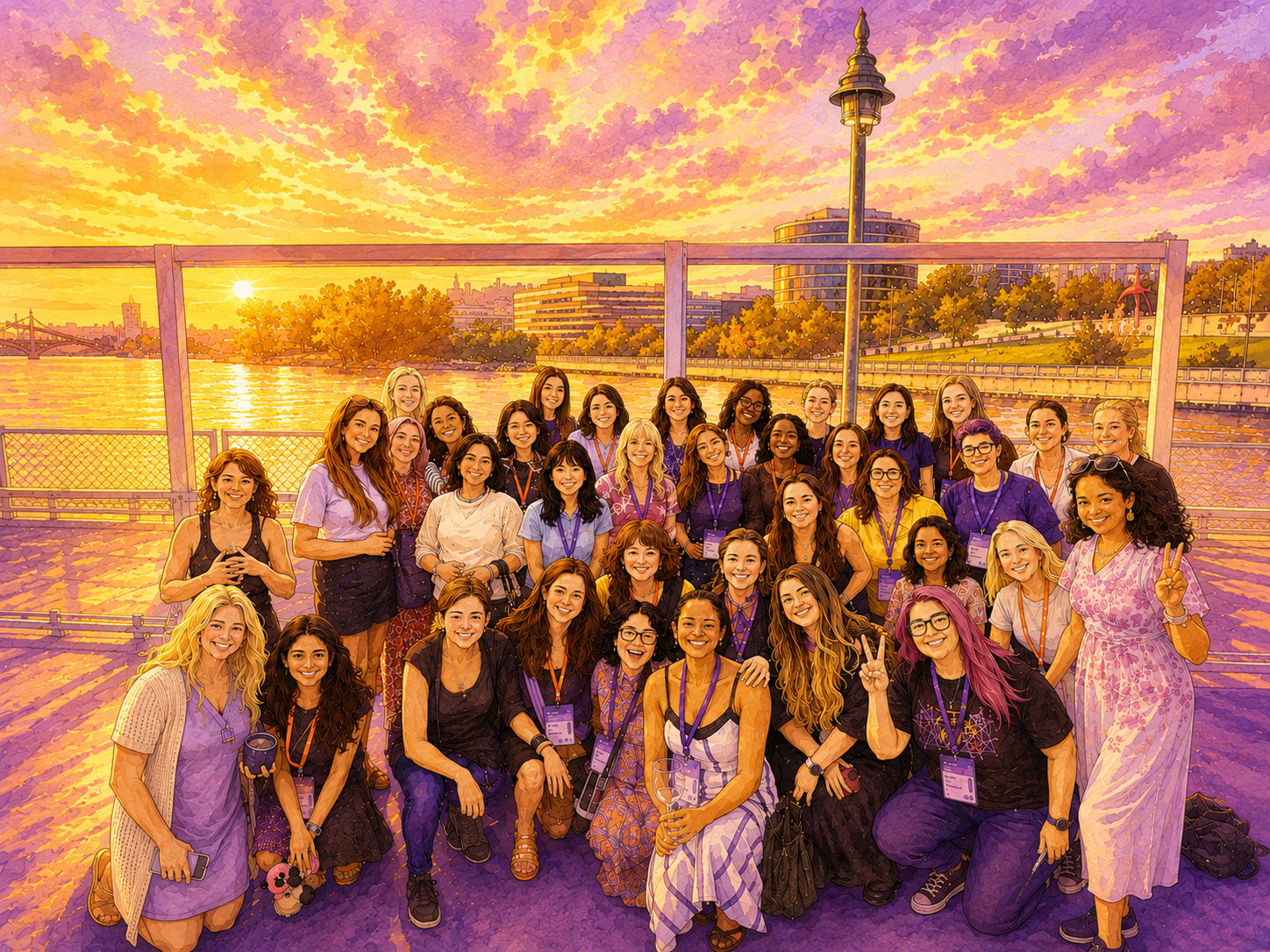 Stylized golden-hour illustration of the women organizing the event